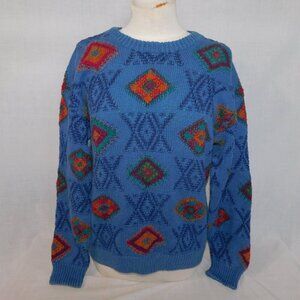 VTG Northern Isles Blue Multicolour Hand Knit Diamond Crew Neck Sweater Womens M